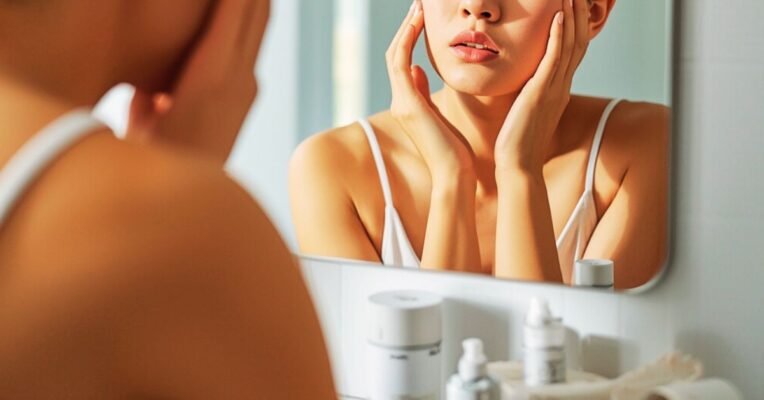 Sai lầm trong chăm sóc da khi dùng nhiều mỹ phẩm nhưng da vẫn không cải thiện, phụ nữ soi gương lo lắng